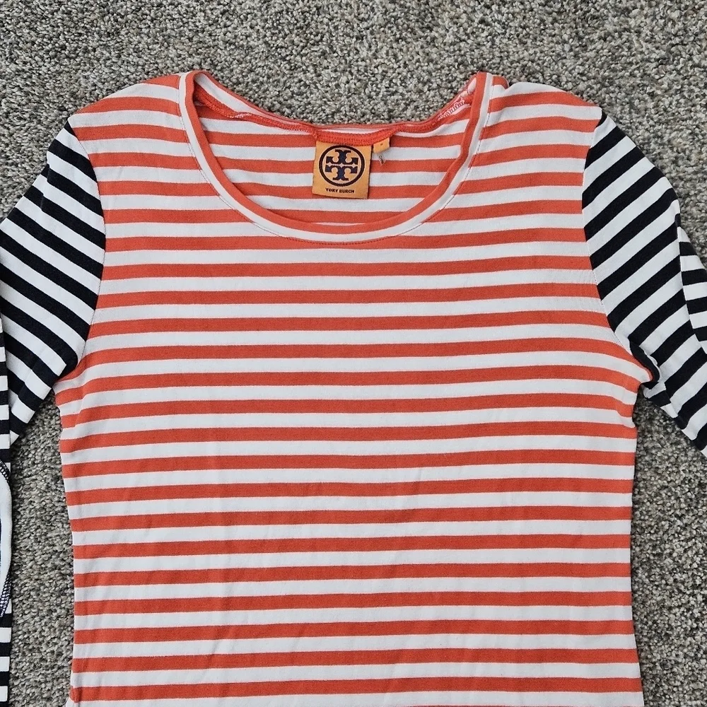 Tory Burch Multi Color Striped Long Sleeve Tee Shirt Peach White Navy Blue Small